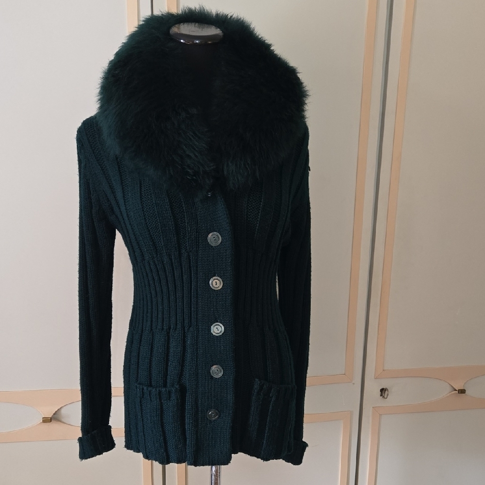 VnTg GLAMOROUS Green Woven Cardigan Sweater w/Faux Fur Collar by Carole Cohen~ M